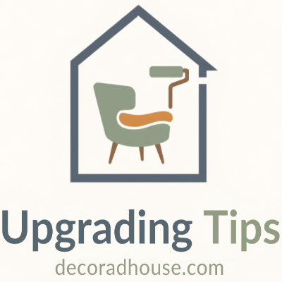 Logo for Upgrading Tips DecorAdHouse featuring a house outline containing a green armchair and a paint roller icon above the website URL.